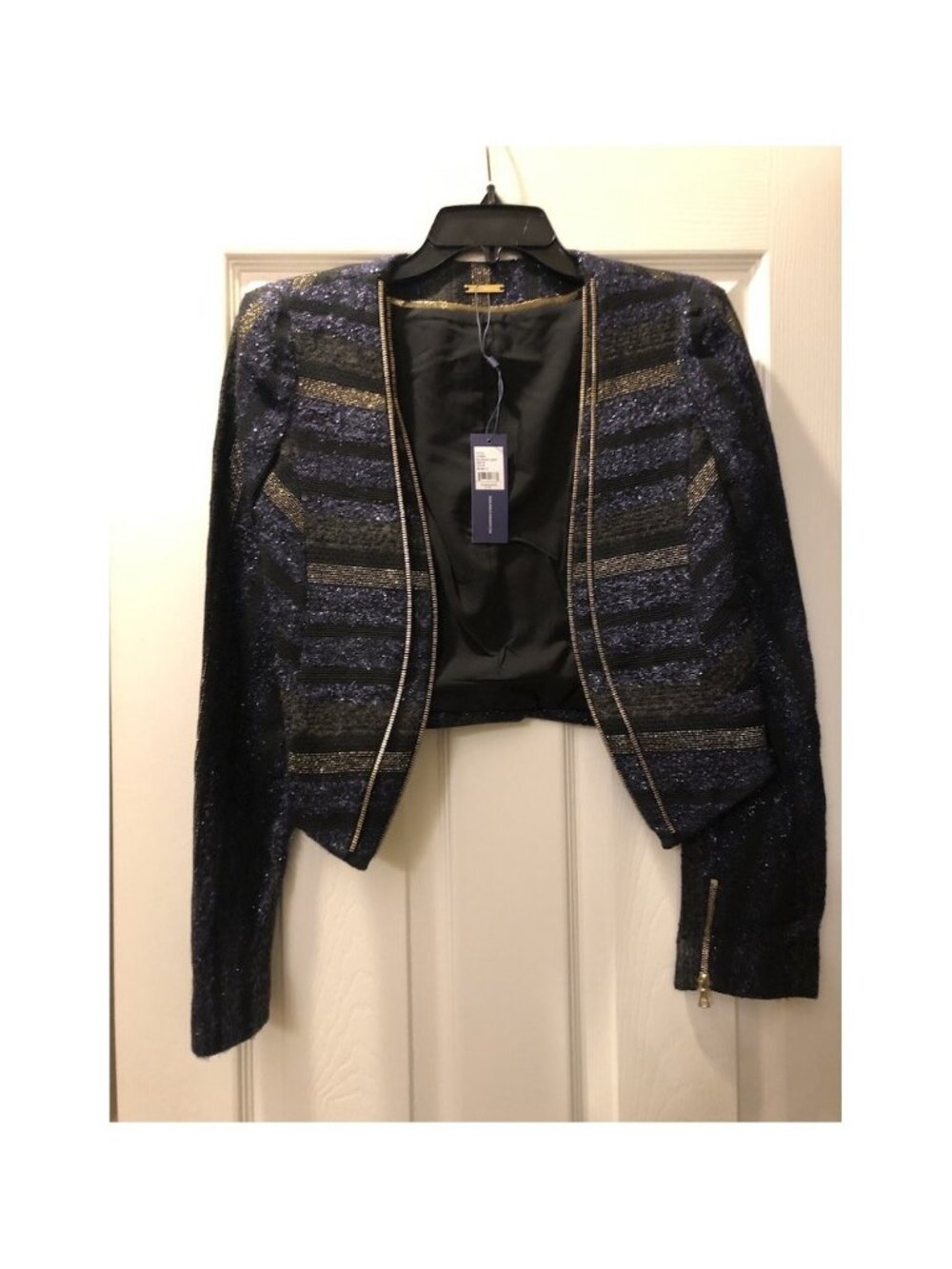 Rebecca Minkoff Delancey Black Gold Metallic Crop Jacket Blazer NWT